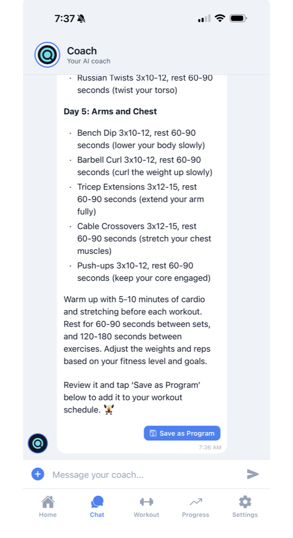 AI-generated workout plan tailored to user goals and equipment