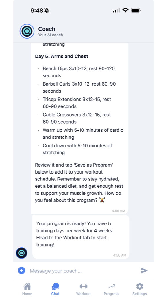 AI coach chat providing personalized training advice