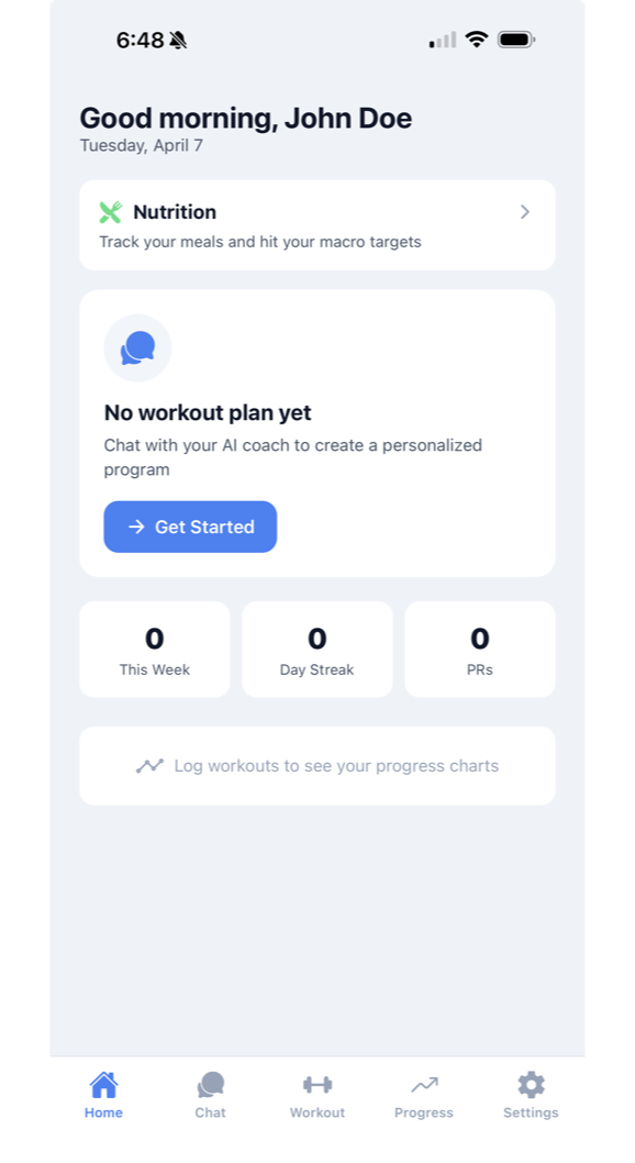SpotMate home screen with today's workout summary and quick actions