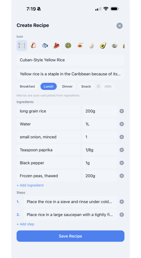 Custom meal creation with calorie and macro calculator