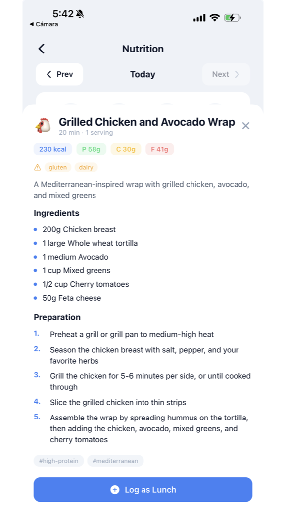 Healthy recipe detail with macros and step-by-step instructions