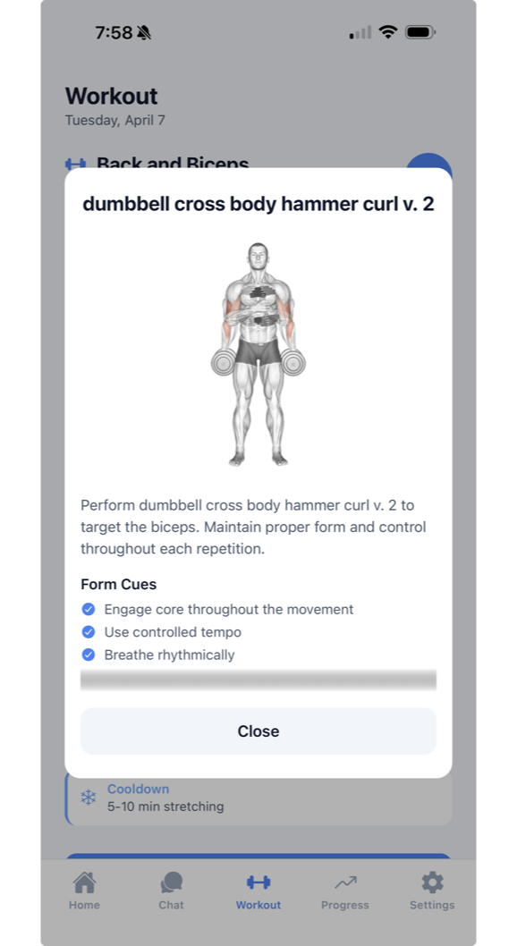 Exercise detail view with animated demonstration and instructions