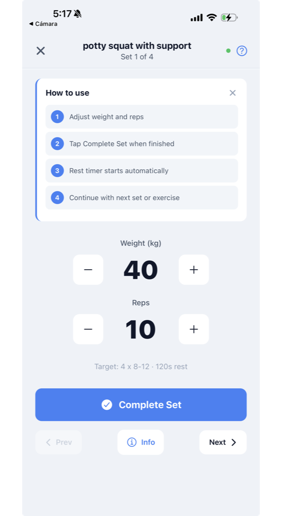 Set logging screen with weight, reps, and RPE tracking